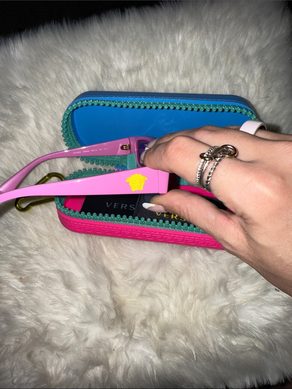 CHILDRENS Versace pink/lavender Sunglasses with yellow accent & keychain attache - Picture 2 of 6